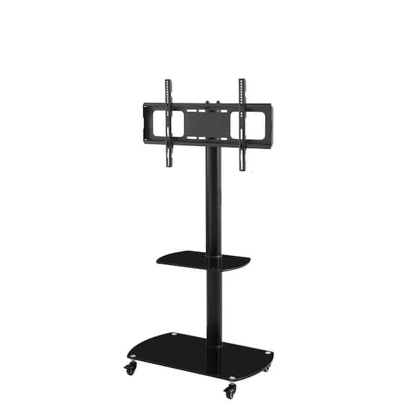 Clihome 27.5 in. W Black Tempered Glass Metal Frame Floor Mobile TV Stand Fits TV's up to 65 in. with Lockable Wheels