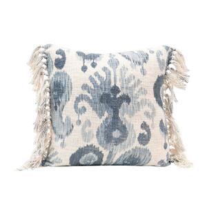 Blue and Cream Color Stonewashed Woven Cotton Blend Pillow with Ikat Pattern and Tassels