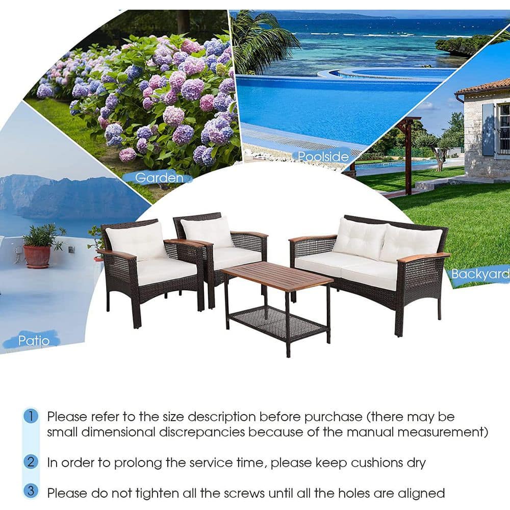 4-Piece Brown Steel Patio Conversation Set with White Cushions