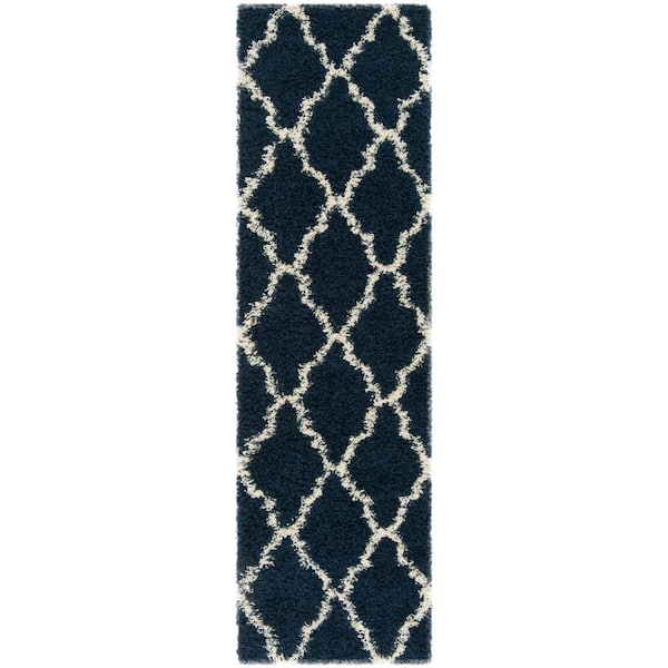 Dallas Shag 2 ft. x 10 ft. Navy/Ivory Geometric Diamond Trellis Runner Rug