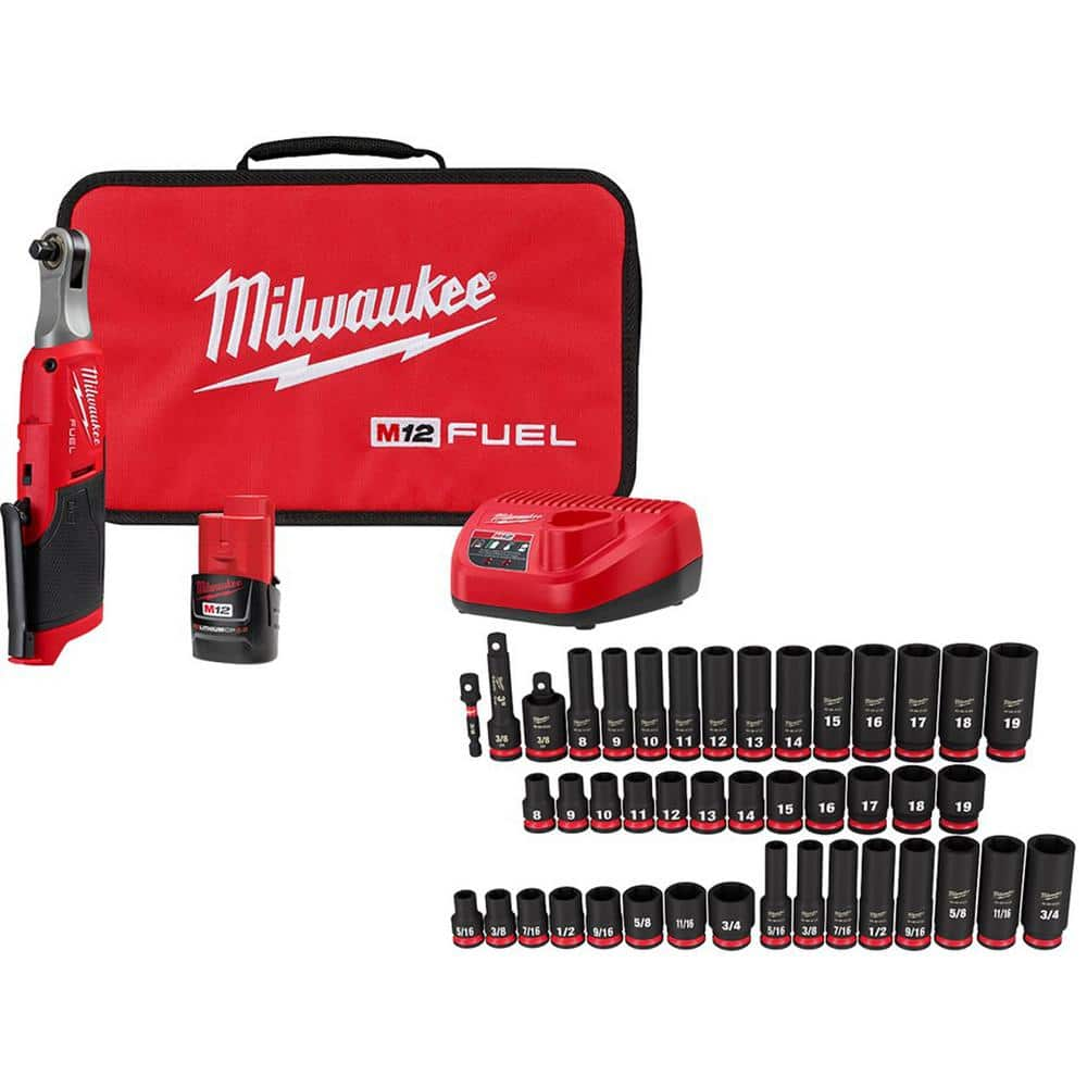 M12 FUEL 12V Lithium-Ion Brushless Cordless 3/8 in. Ratchet Kit with 3/8 in. SAE/Metric Impact Socket Set (43-Piece) -  Milwaukee, 2567-21H-7009