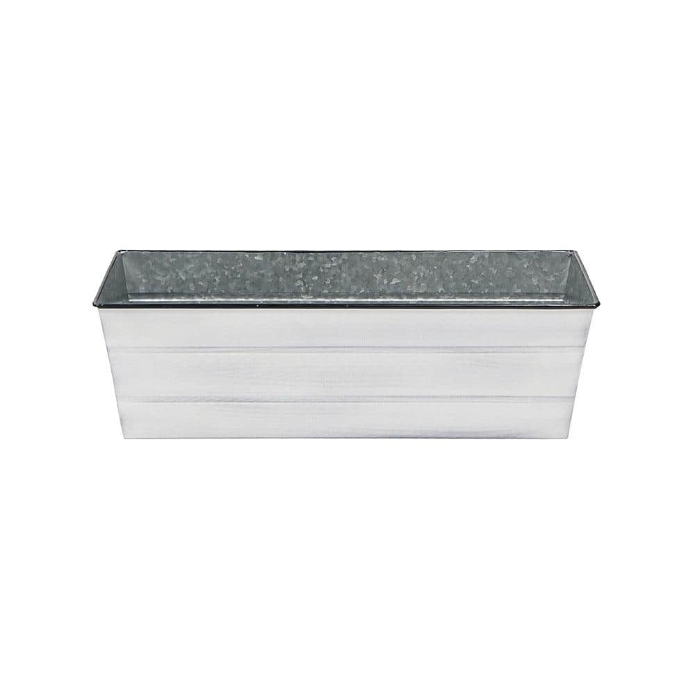 ACHLA DESIGNS 24 in. W Cape Cod White Medium Galvanized Steel Flower Box Planter Available in 3-size options, these rectangular flower boxes have a rolled edge, embossed lines and a simple classic style. Made from Galvanized Steel, in 3 -Patina finish colors, these planting containers will add curb appeal. Use them to create a lush container garden or urban balcony oasis. The Copper Plated Flower Boxes will develop warm natural patina over time that is a perfect complement to green foliage. Smallest pairs with Wall Mounted Bracket (SFB-01) Medium with Posy Flowerbox Bracket (VFB-05) Twist Flowerbox Bracket (B-06) and Wall-Mounted Bracket (SFB-02) and Largest pairs with Scrolls Bracket (B-32), Wall-Mounted Bracket (SFB-03) or Clamp-On Bracket (SFB-03C). Color: White.