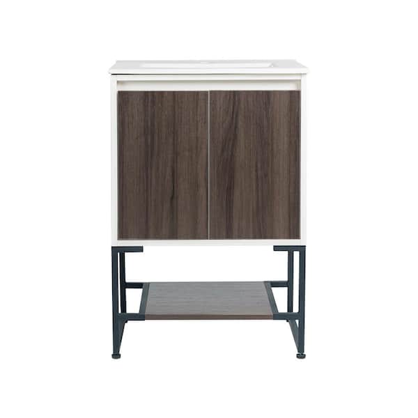 JAZAVA 23.62 in. W x 19.49 in. D x 34.57 in. H Floating Bath Vanity in Black Walnut and White Foil with White Ceramic Top