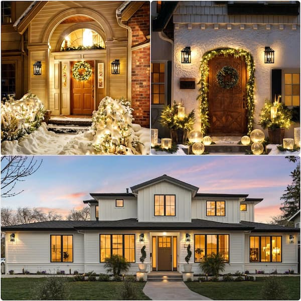 13.5 in. Large Outdoor Wall Sconce, 2-Light Black Porch Lamp with Tempered Glass, Waterproof Exterior Light Fixture