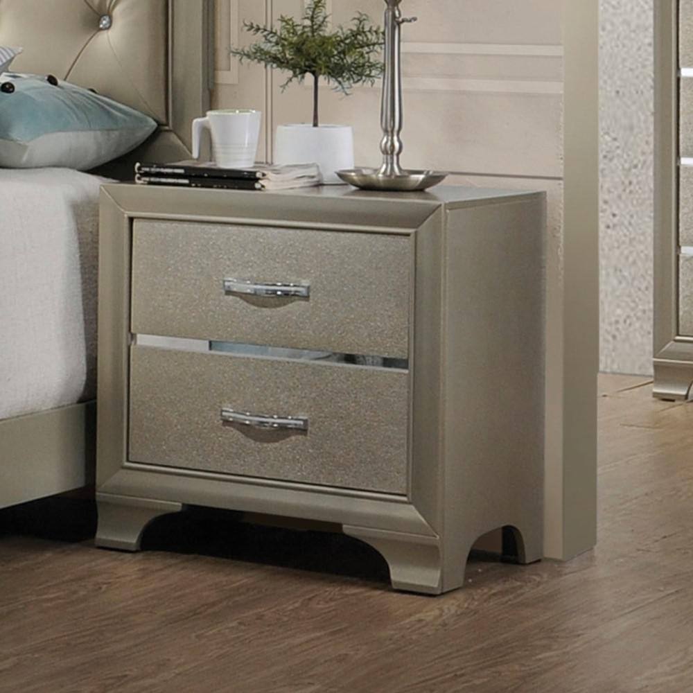 Champagne Elegance 2-Drawer Nightstand with Mirror Inlay