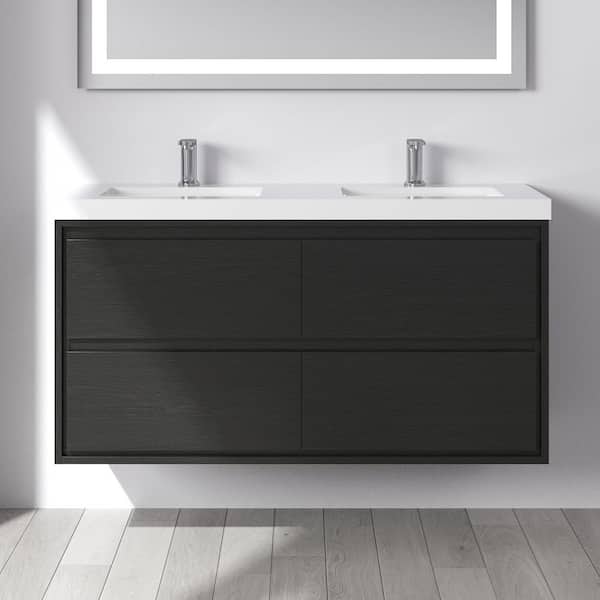 Purus 48 in. W x 20 in. D x 26 in. H Double Sink Wall Mounted Bath Vanity in Black Oak with White Cultured Marble Top