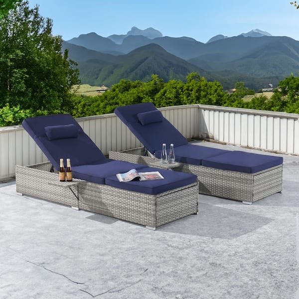 BFB Patio Gray Wicker Armrests Outdoor Chaise Lounge Chair with Height Adjustable Backrest (2-Pack)