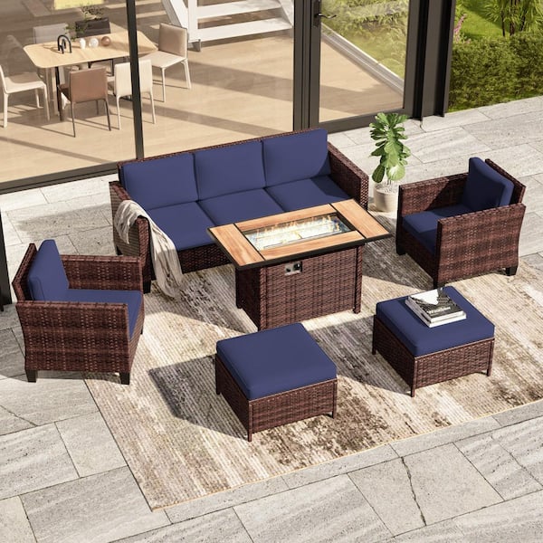 6-Pieces Patio Conversation Set with Rectangle Fire Pit Table, Brown Wicker Wide Armrests Sofa with Navy Blue Cushion