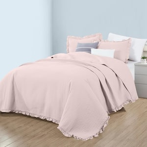 Pink Solid Detailed King Microfiber 3-Piece Quilt Set Bedspread