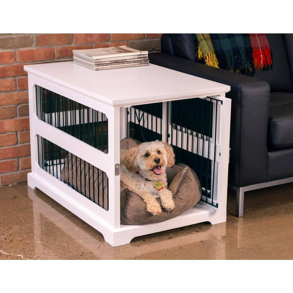 Modern White Slide-Aside Pet Crate & Side Table - Medium