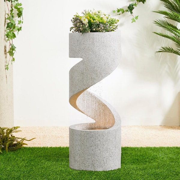 Glitzhome 31.25 in.H Mid-Century Modern Faux Terrazzo Polyresin Cascade Outdoor Fountain with Pump and LED Light (KD)