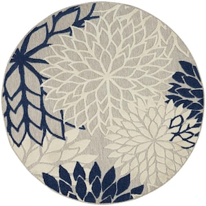 Aloha Ivory/Navy 4 ft. x 4 ft. Round Floral Modern Indoor/Outdoor Patio Area Rug