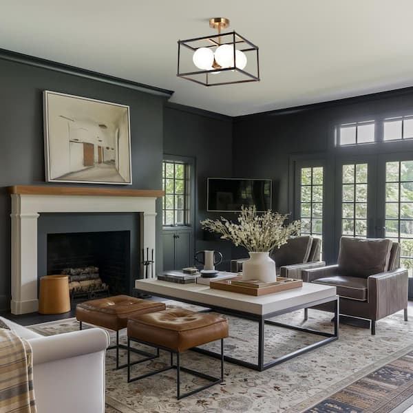 Modern 13.5 in. W 4-light Black Brass Semi-flush Mount Light with Frosted Glass, Square Ceiling Lamp for Bedroom, Foyer