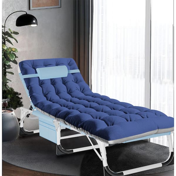 BOZTIY Metal Chaise Lounge Chairs for Outside Tanning Chair with Face Hole, Pillow, Side Pocket and Blue Mattress