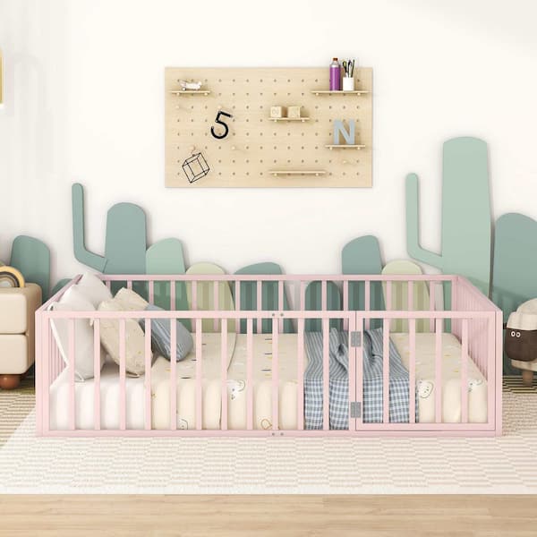 Pink Metal Frame Queen Platform Bed with Fence and Door