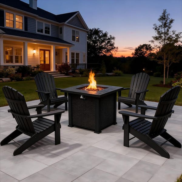 28 in. Square 50000 BTU Black Metal Propane Outdoor Fire Pit Table with Steel Tabletop, Lid and Lava Rocks