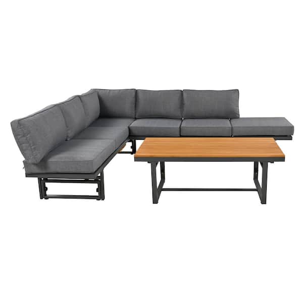 Unbranded 3-Piece Metal Outdoor Sectional with Adjustable Seating, Coffee Table and Grey Cushions for Patio, Garden and Backyard