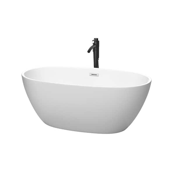Wyndham Collection Juno 59 in. Acrylic Flatbottom Bathtub in Matte White with Polished Chrome Trim and Matte Black Faucet