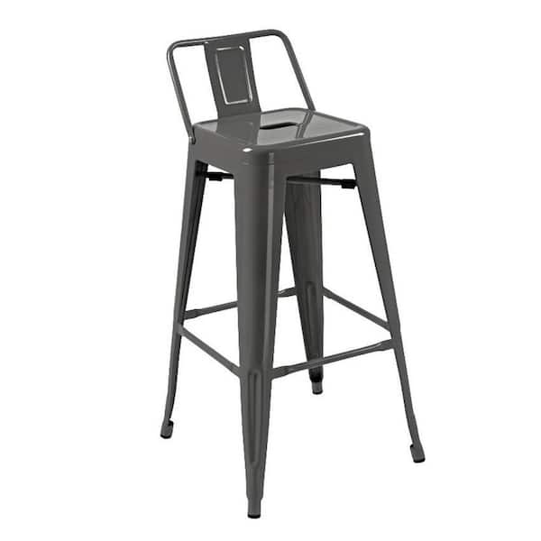Benjara Light Gray Low Back Metal Bar Stool Chair with Footrest and Tapered Legs (Set of 4)