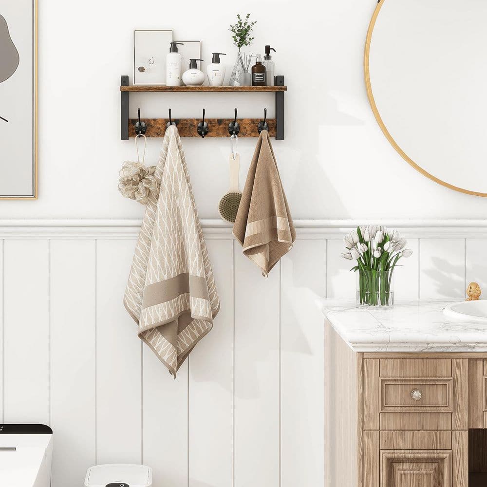 Brown Wall-Mounted Wood Coat Rack with Shelf and 5 Metal Hooks for Bathroom