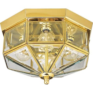 4-Light Polished Brass Clear Beveled Glass Traditional Indoor Outdoor 11-1/8" Flush Mount Light