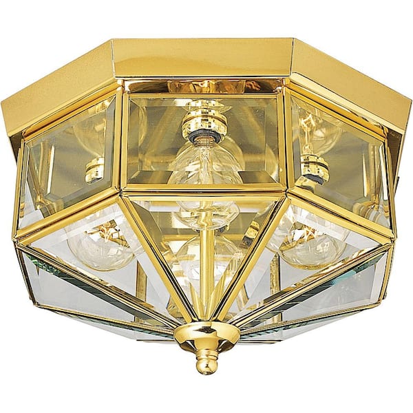 4-Light Polished Brass Clear Beveled Glass Traditional Indoor Outdoor 11-1/8" Flush Mount Light