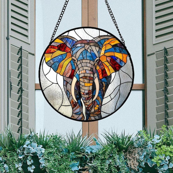 Silver Colorful Elephant Stained Glass Window Hanging YYD6-258