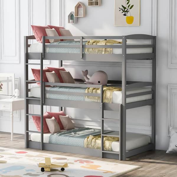 Gray Twin Size Triple Wood Bunk Bed, Happy Beds American Wood Bunk Bed
