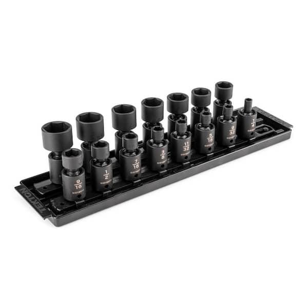 3/8 in. Drive 6-Point Universal Joint Impact Socket Set with Rails and Tray, 15-Piece (1/4-1 in. )