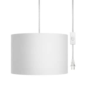 15 ft. 1-Light Beige Plug in Pendant Light with Clear Cord and White Fabric Lamp Shade, On/Off Switch