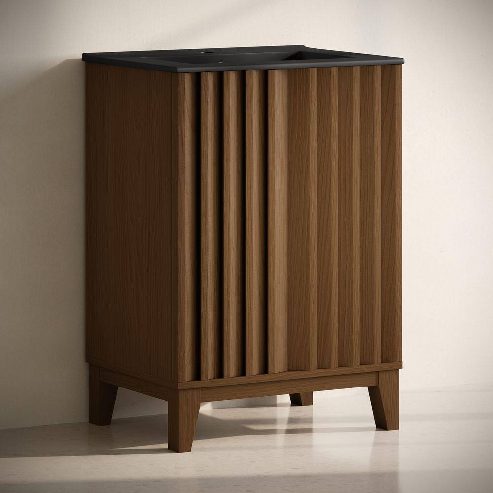 Troyes 24" Brown Oak Freestanding Vanity with Matte Black Sink Top