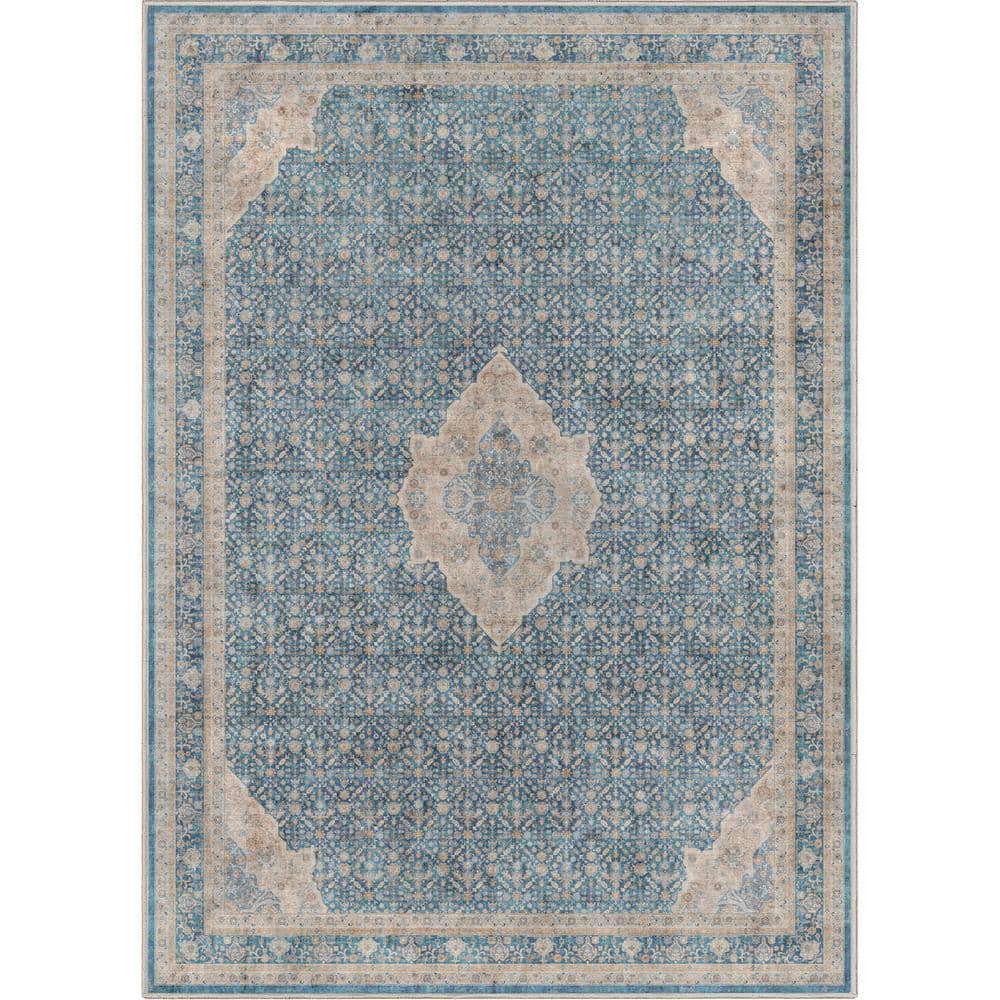 Blue Chenille Oriental Washable Reversible 5' x 7' Rug