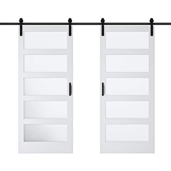 ARK DESIGN 72 in. x 84 in. 5-Lite Tempered Frosted Glass and Solid Core MDF White Primed Sliding Barn Door with Hardware Kit