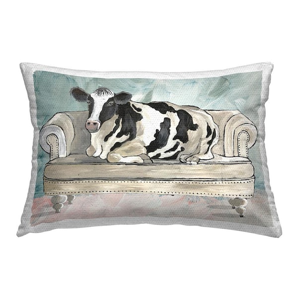 Stupell Industries Farm Cow on Couch Blue Rectangular Outdoor Throw Pillow