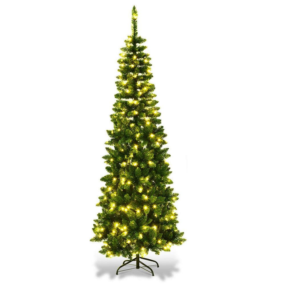 Costway - 6.5ft Pre-Lit Hinged Pencil Christmas Tree 250 White Lights - Green