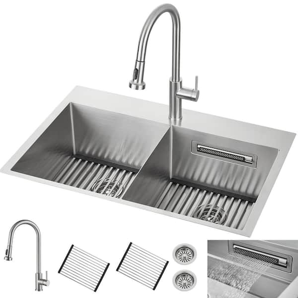 33 in. Drop-In/Undermount 50/50 Double Bowl Stainless Steel Sink with Faucet and Waterfall