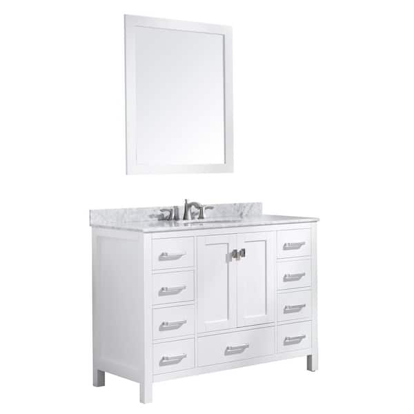 ANZZI Chateau 48 in. W x 22 in. D Bath Vanity Set in White with Vanity Top in Carrara Marble with White Sink and Mirror