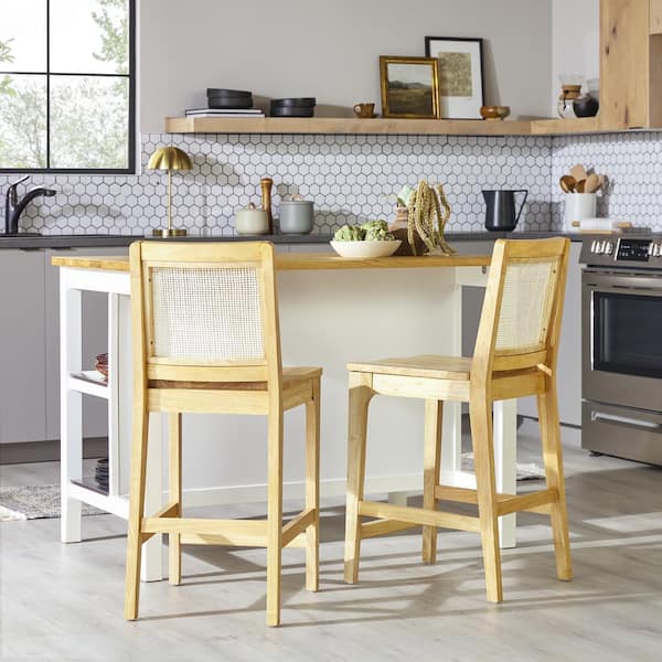 Boho 24 in. Natural High Back Solid Wood Counter Stool with Wood Seat, Set of 2
