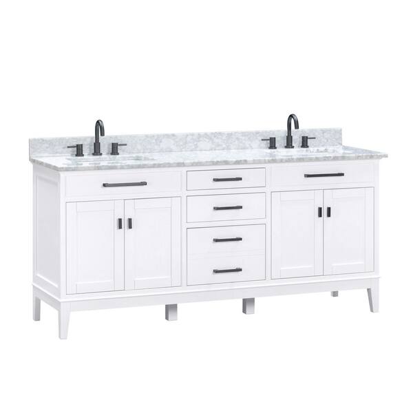 Madison 73 in. Double Sink White Bath Vanity with Carrara White Marble Top