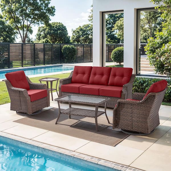 Modern Farmhouse 5-Piece Brown Wicker Patio Conversation Set with 6 In. Red Olefin Cushions/Outdoor Swivel Chairs