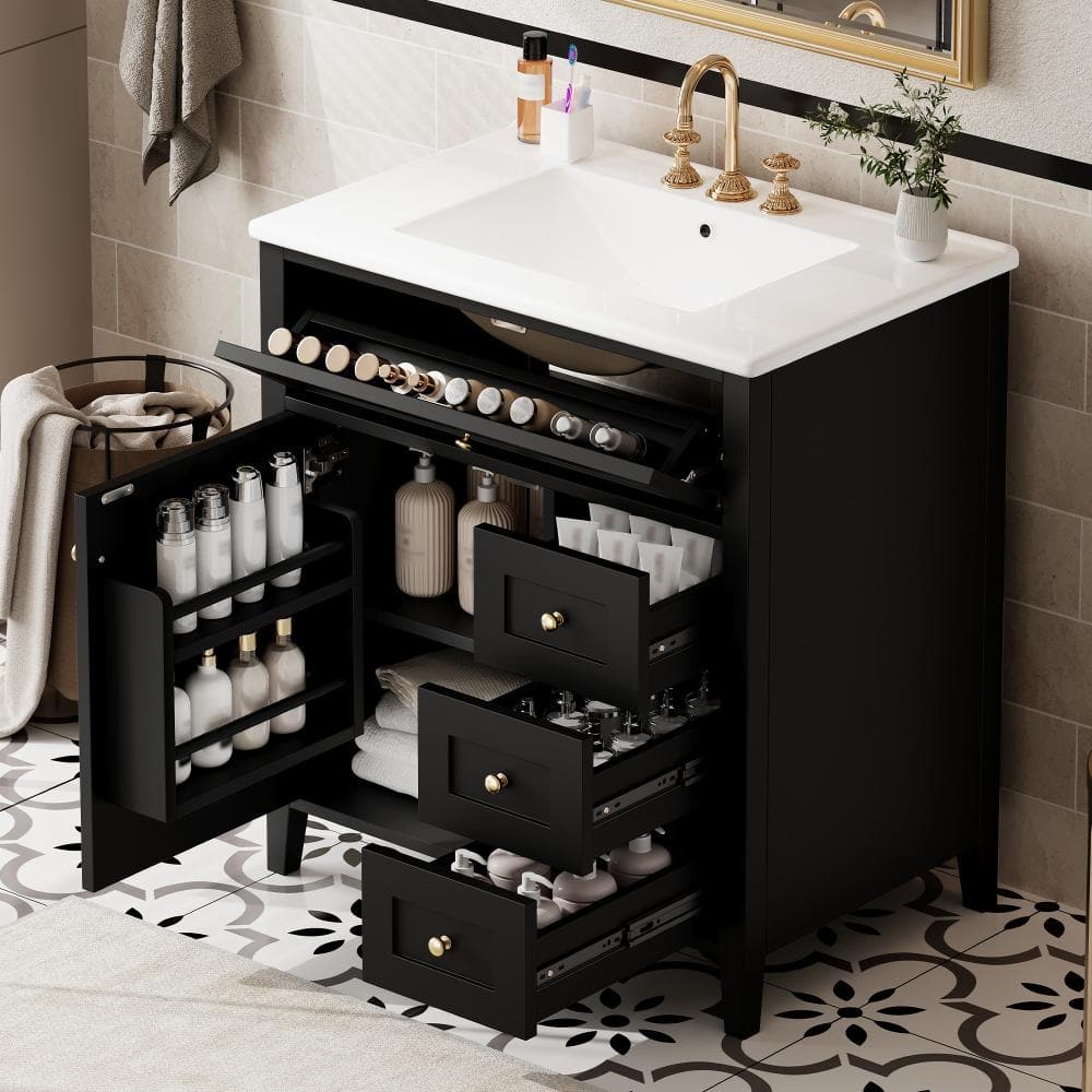 "30"" Black Freestanding Vanity Sink, MDF&Rubberwood, 3 Drawers, Adjustable Shelf, Left Door" price history on PriceWatchPro