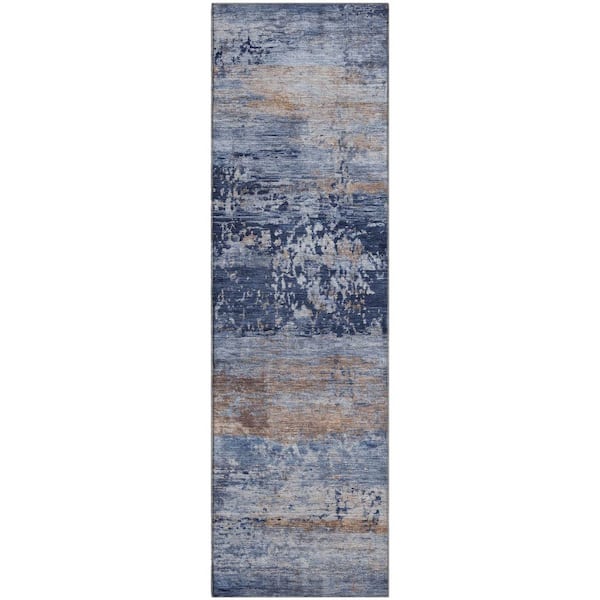 Mayfield Premium Machine Washable Abstract AMF2146 Blue 2 ft. x 7 ft. Runner Rug
