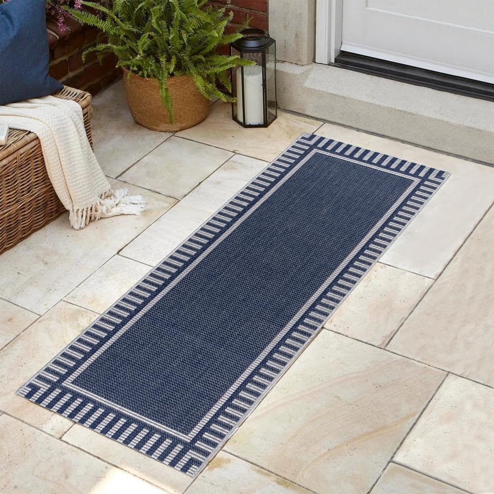 Navy Blue and Gray Synthetic Flatweave Indoor/Outdoor Runner Rug