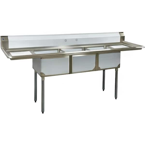 90 in. Freestanding Stainless Steel Commercial NSF 3 Compartments Sink EC3T1818LR with Drainboard 18-Gauge