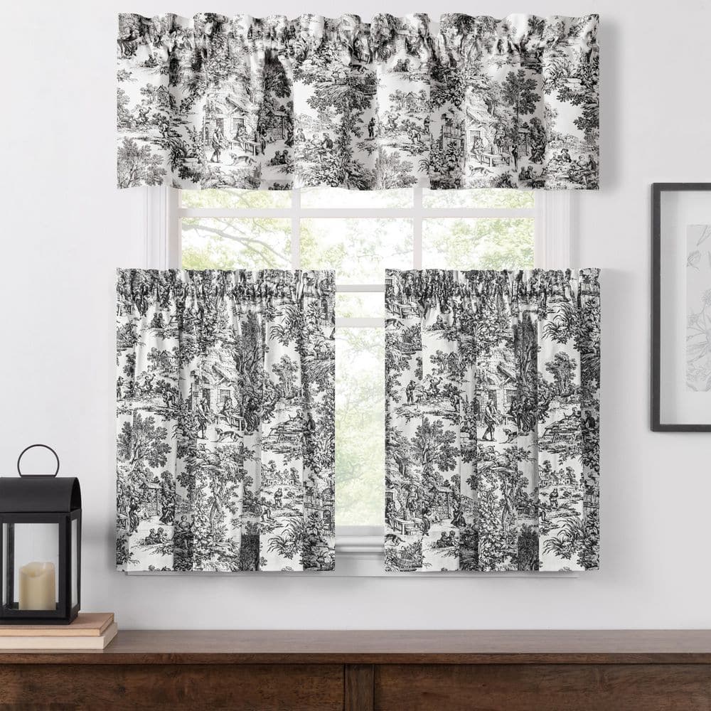 Black and White Cotton Rod Pocket Room-Darkening Tier Curtains