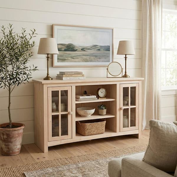 48 in. Unfinished Wood TV Stand Fits TVs Up to 50 in. with Storage Doors