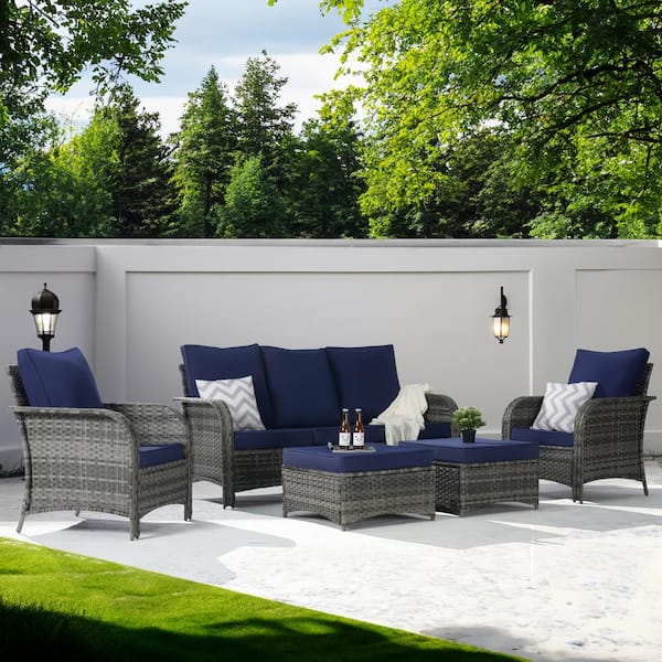 SANSTAR 5-Piece Wicker Patio Furniture Set, High Back Conversation Sectional Sofa Couch with Ottomans, Navy Blue