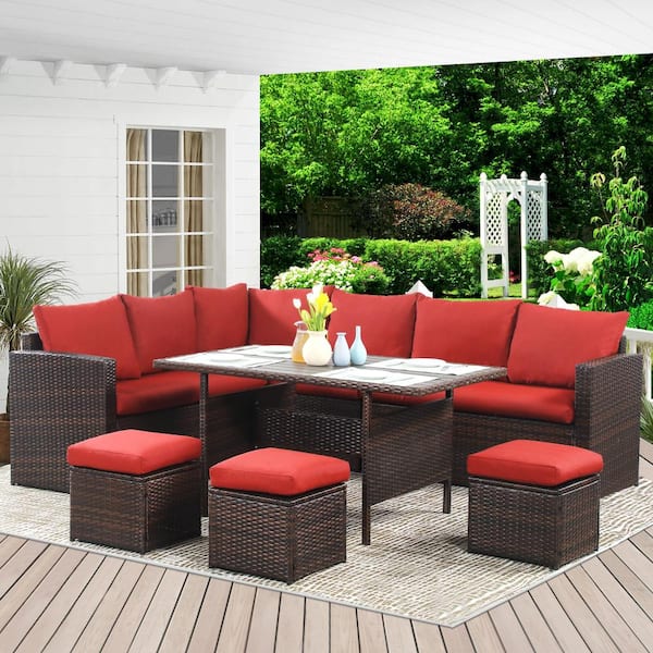 Cesicia Luxury Brown 7-Piece Wicker Patio Conversation Set with Red Cushions