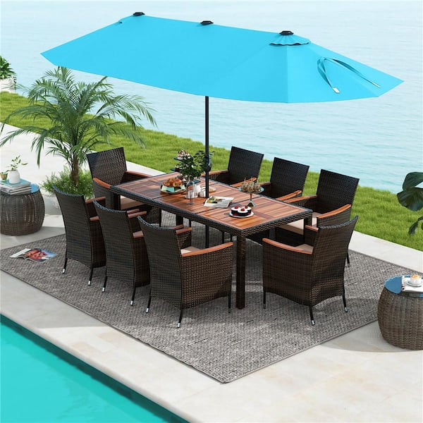 Brown 9-Piece Wood Rectangle 29 in. Outdoor Dining Set with Cushions Beige Double-Sided Outdoor Umbrella 8 Stackable