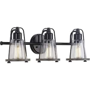 Conway 3-Light Matte Black Clear Seeded Glass Farmhouse Wall Light